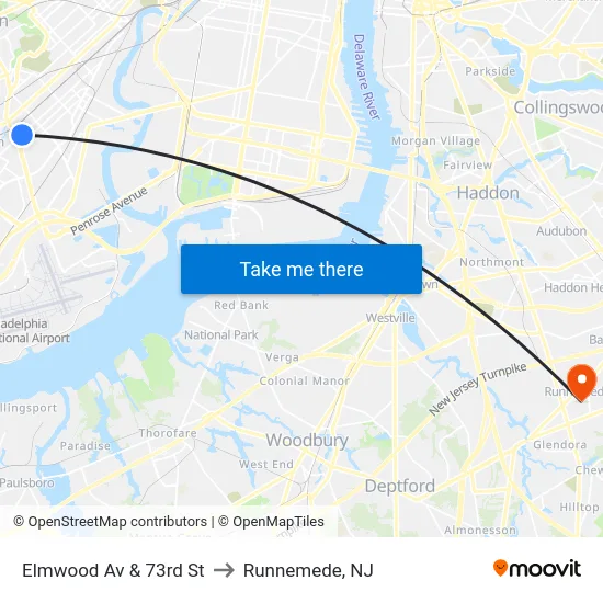 Elmwood Av & 73rd St to Runnemede, NJ map