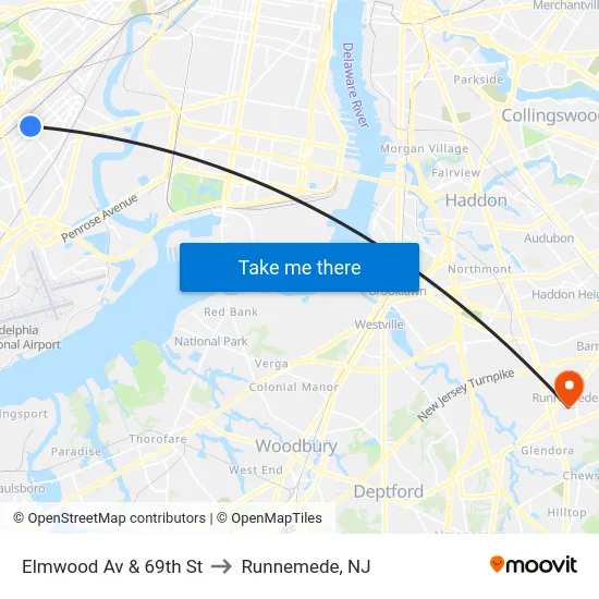 Elmwood Av & 69th St to Runnemede, NJ map