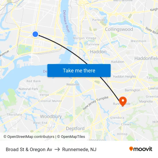 Broad St & Oregon Av to Runnemede, NJ map