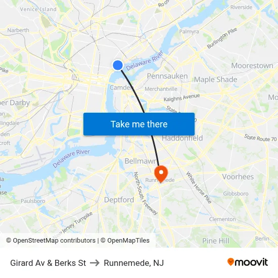 Girard Av & Berks St to Runnemede, NJ map