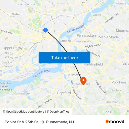 Poplar St & 25th St to Runnemede, NJ map
