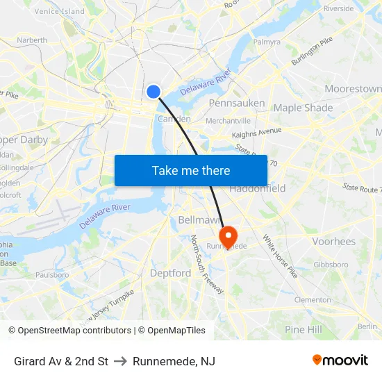 Girard Av & 2nd St to Runnemede, NJ map