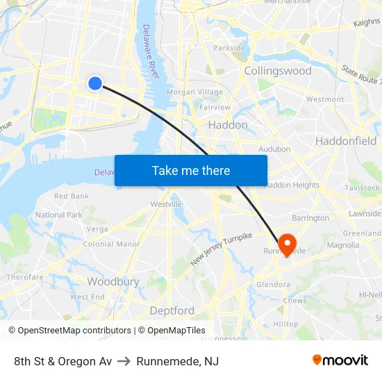 8th St & Oregon Av to Runnemede, NJ map