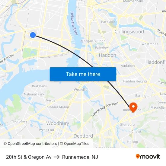 20th St & Oregon Av to Runnemede, NJ map