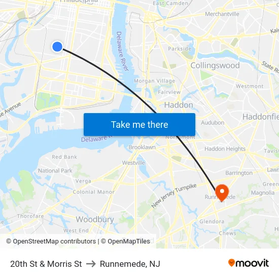 20th St & Morris St to Runnemede, NJ map