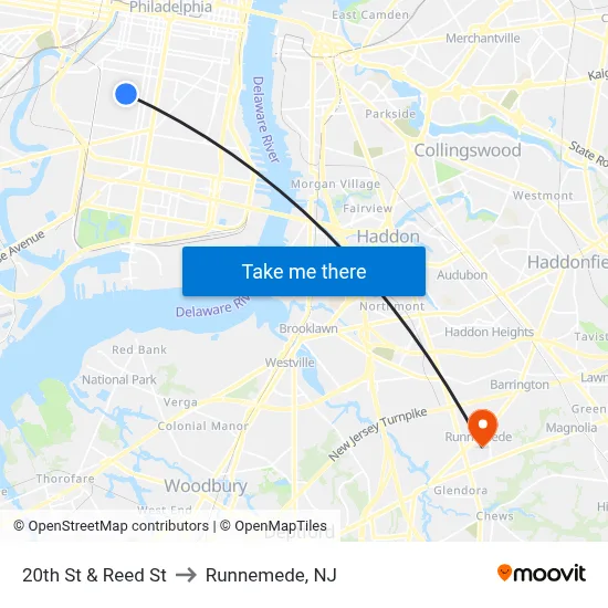 20th St & Reed St to Runnemede, NJ map