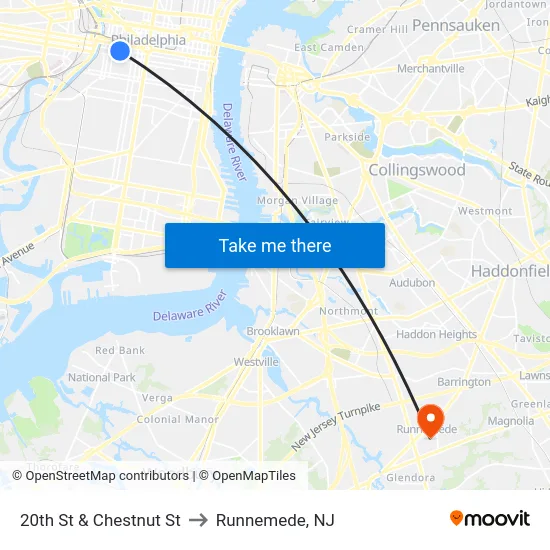 20th St & Chestnut St to Runnemede, NJ map