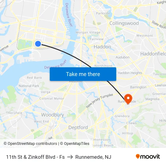 11th St & Zinkoff Blvd - Fs to Runnemede, NJ map