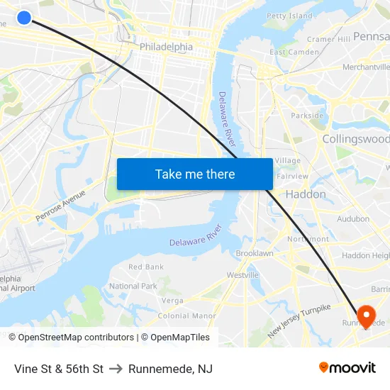 Vine St & 56th St to Runnemede, NJ map
