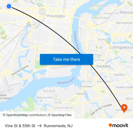Vine St & 55th St to Runnemede, NJ map