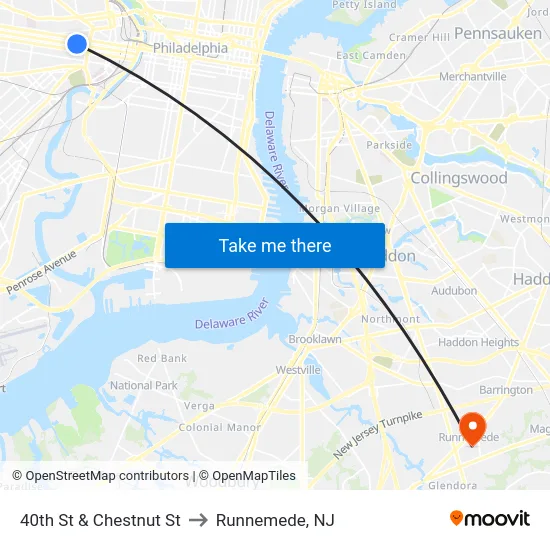 40th St & Chestnut St to Runnemede, NJ map