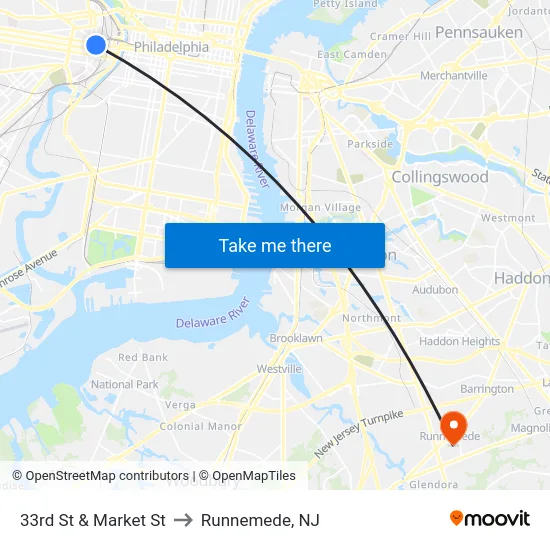 33rd St & Market St to Runnemede, NJ map