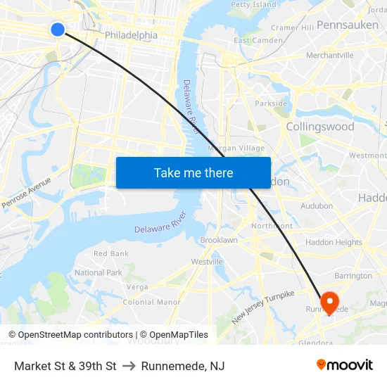 Market St & 39th St to Runnemede, NJ map