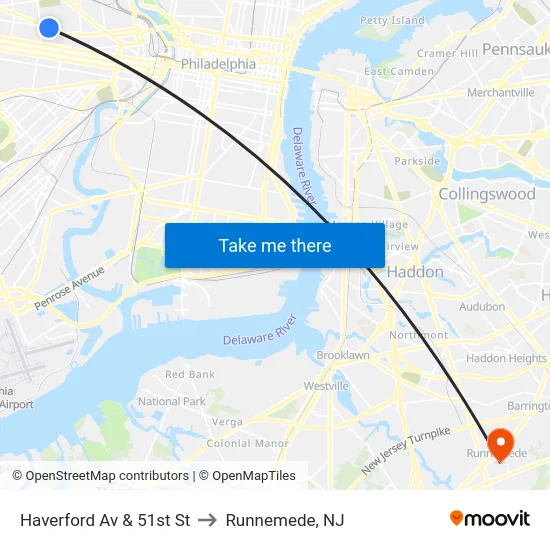 Haverford Av & 51st St to Runnemede, NJ map