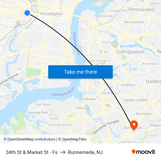 34th St & Market St - Fs to Runnemede, NJ map