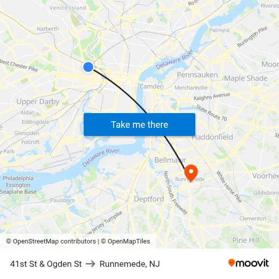 41st St & Ogden St to Runnemede, NJ map