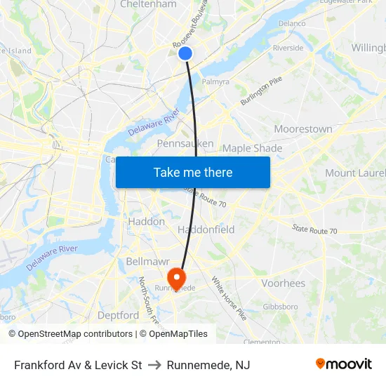 Frankford Av & Levick St to Runnemede, NJ map