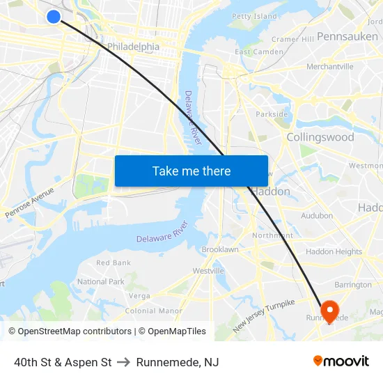 40th St & Aspen St to Runnemede, NJ map