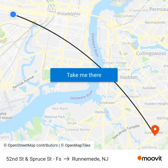 52nd St & Spruce St - Fs to Runnemede, NJ map