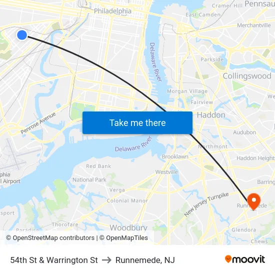 54th St & Warrington St to Runnemede, NJ map