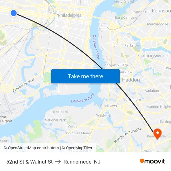 52nd St & Walnut St to Runnemede, NJ map