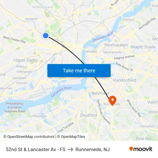 52nd St & Lancaster Av - FS to Runnemede, NJ map