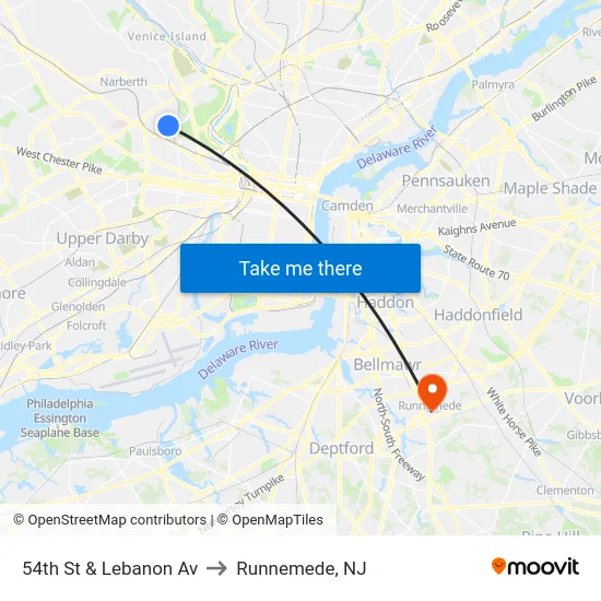 54th St & Lebanon Av to Runnemede, NJ map