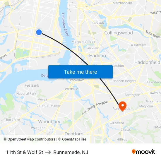 11th St & Wolf St to Runnemede, NJ map