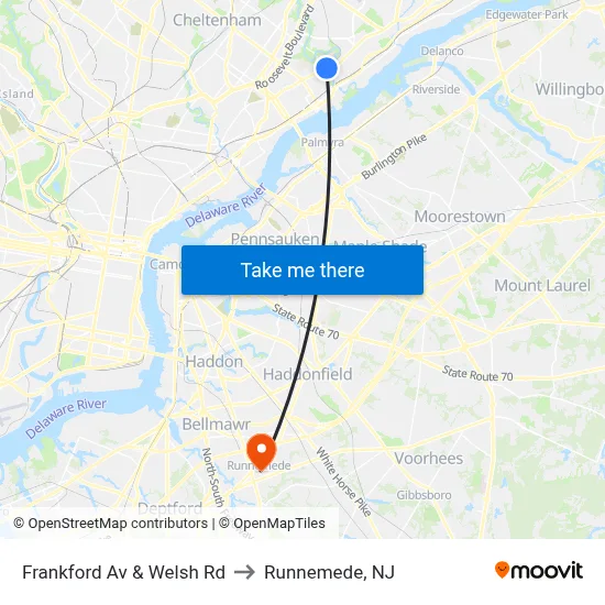 Frankford Av & Welsh Rd to Runnemede, NJ map