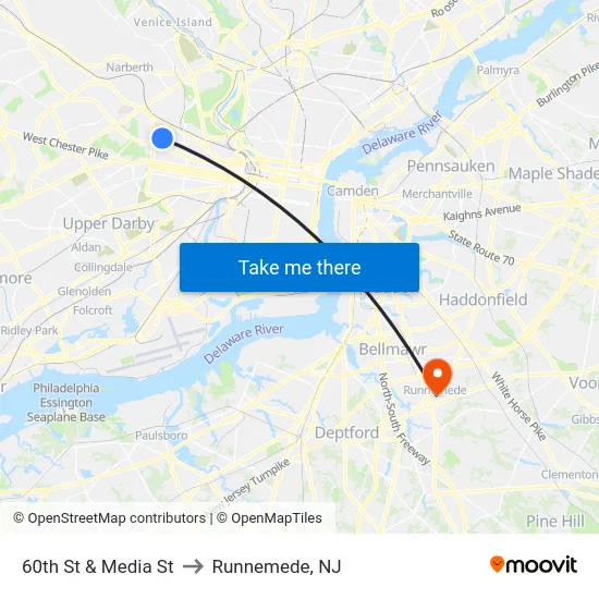 60th St & Media St to Runnemede, NJ map