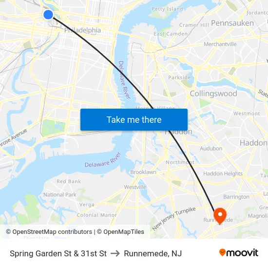 Spring Garden St & 31st St to Runnemede, NJ map