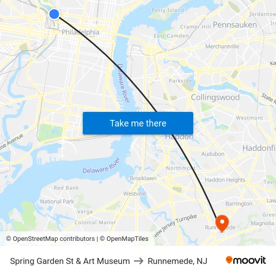 Spring Garden St & Art Museum to Runnemede, NJ map