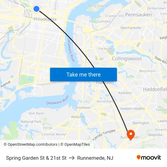 Spring Garden St & 21st St to Runnemede, NJ map