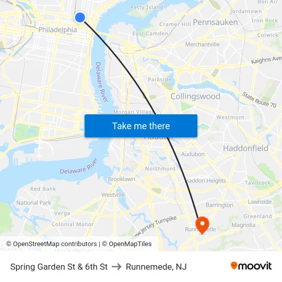 Spring Garden St & 6th St to Runnemede, NJ map