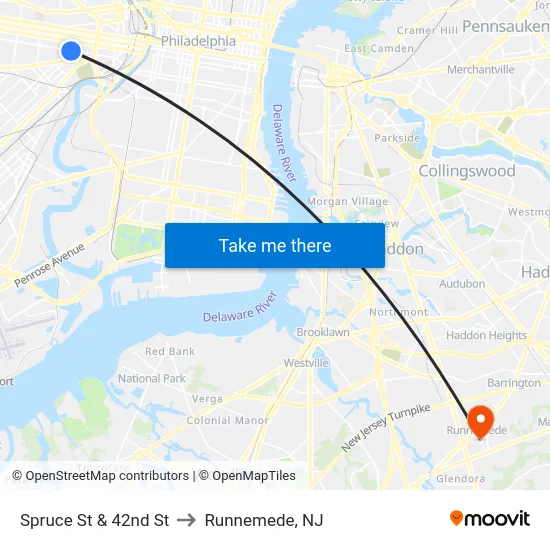 Spruce St & 42nd St to Runnemede, NJ map