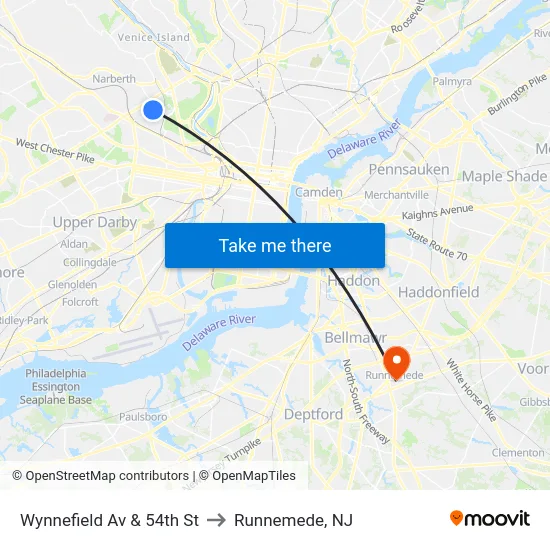 Wynnefield Av & 54th St to Runnemede, NJ map