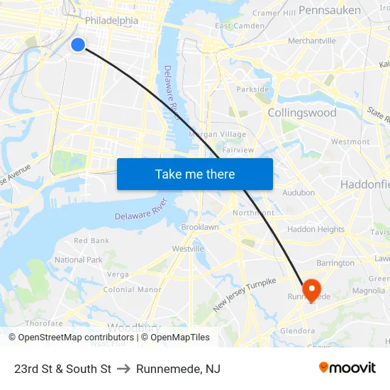 23rd St & South St to Runnemede, NJ map