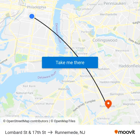 Lombard St & 17th St to Runnemede, NJ map