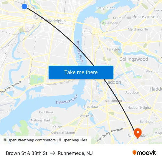 Brown St & 38th St to Runnemede, NJ map