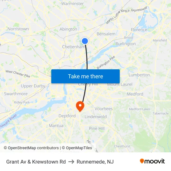 Grant Av & Krewstown Rd to Runnemede, NJ map