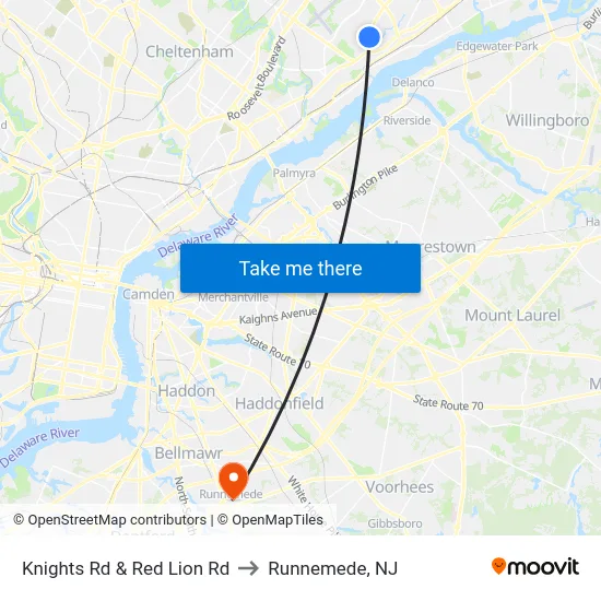 Knights Rd & Red Lion Rd to Runnemede, NJ map