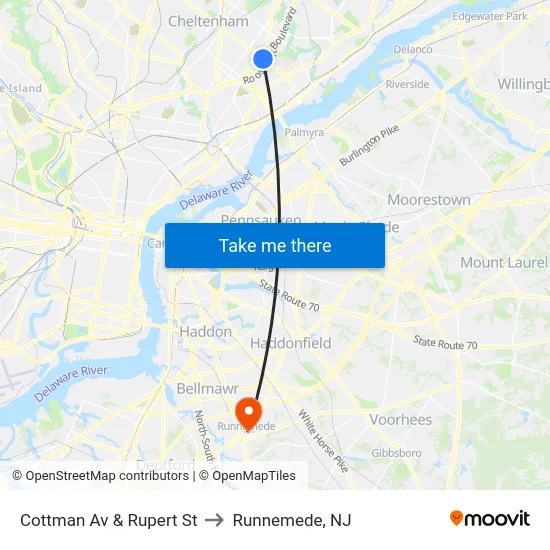 Cottman Av & Rupert St to Runnemede, NJ map