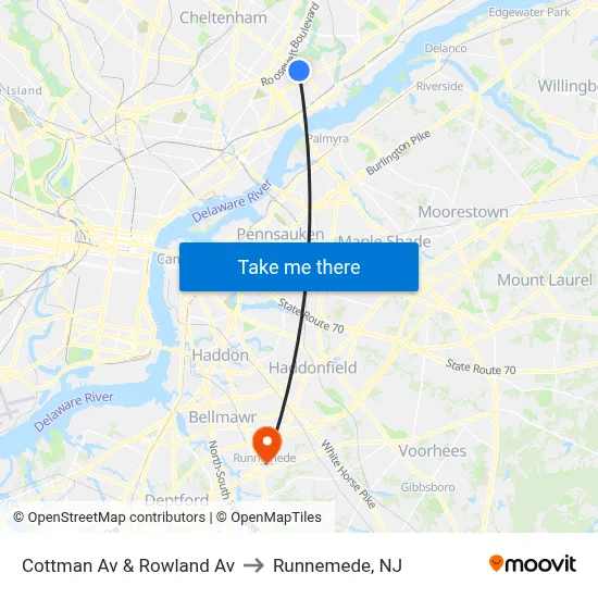 Cottman Av & Rowland Av to Runnemede, NJ map
