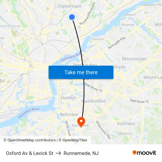 Oxford Av & Levick St to Runnemede, NJ map