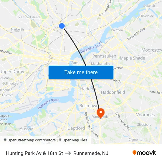 Hunting Park Av & 18th St to Runnemede, NJ map