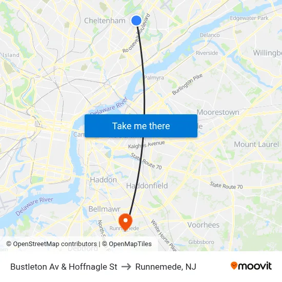 Bustleton Av & Hoffnagle St to Runnemede, NJ map