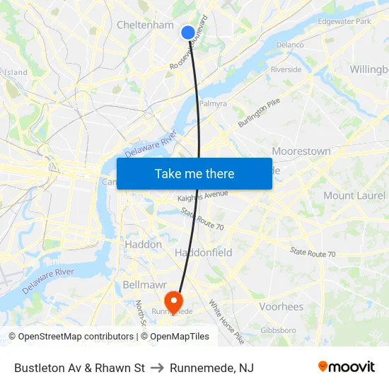 Bustleton Av & Rhawn St to Runnemede, NJ map