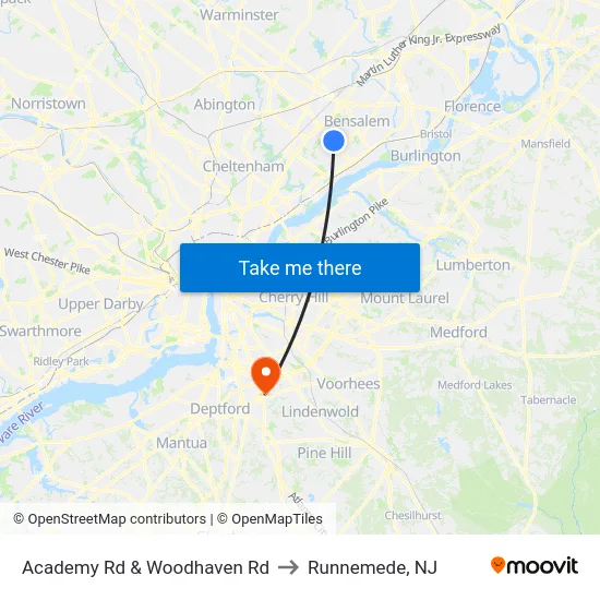 Academy Rd & Woodhaven Rd to Runnemede, NJ map