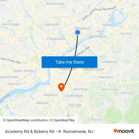 Academy Rd & Byberry Rd to Runnemede, NJ map