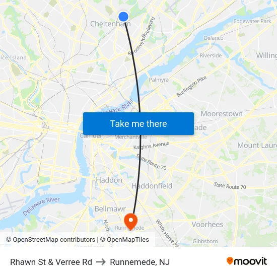 Rhawn St & Verree Rd to Runnemede, NJ map